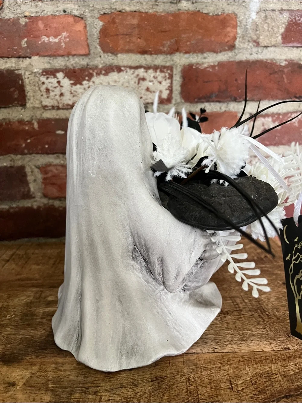 White ghost  Floral Centerpiece with Black Feather Accents